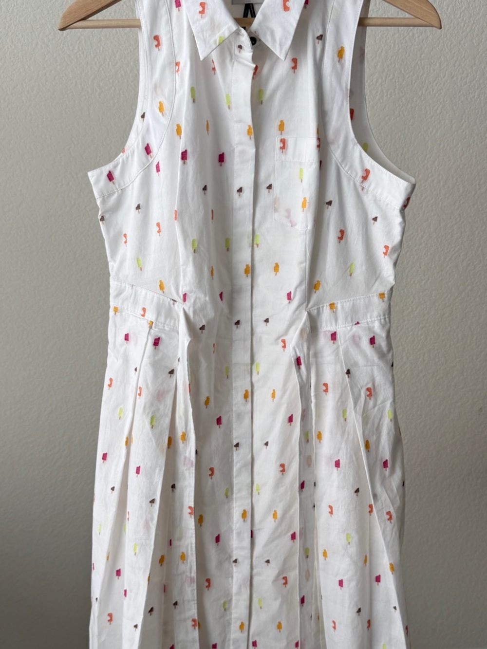 Anthropologie HD in Paris White Sleeveless Dress with Pink Orange Yellow Print